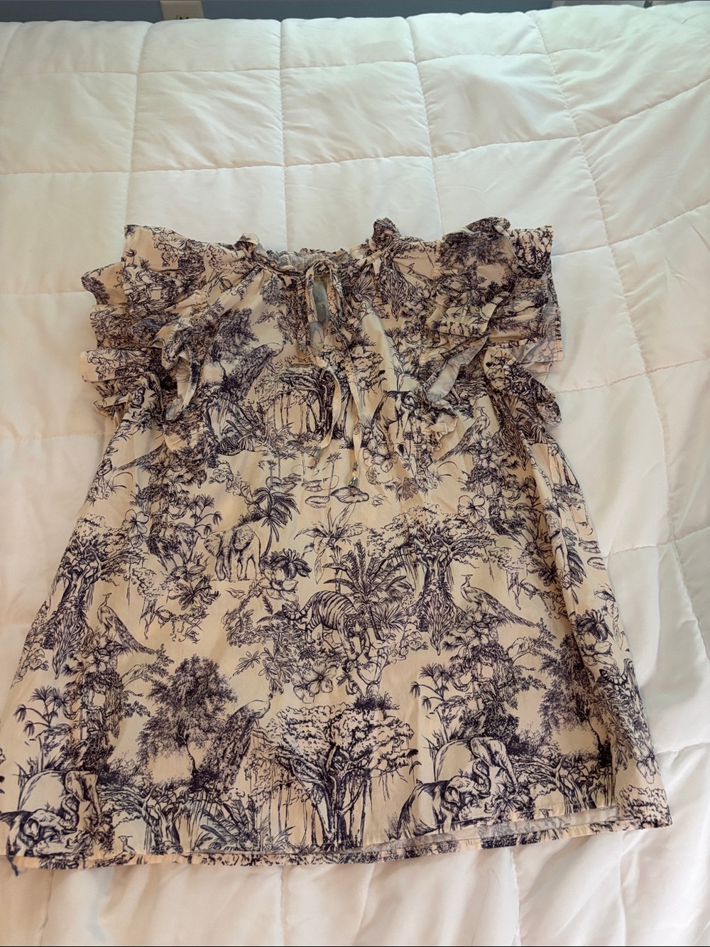entro Cream and blue  Printed Ruffle Off-Shoulder Blouse